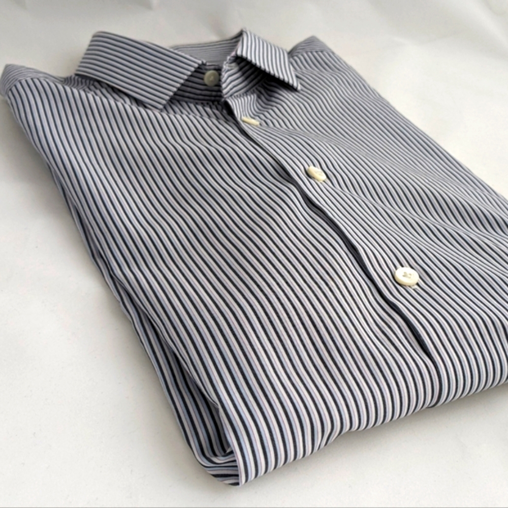 LANVIN made in Italy Blue/Gray stripe Men's Shirt, Long Sleeve, Button-Up